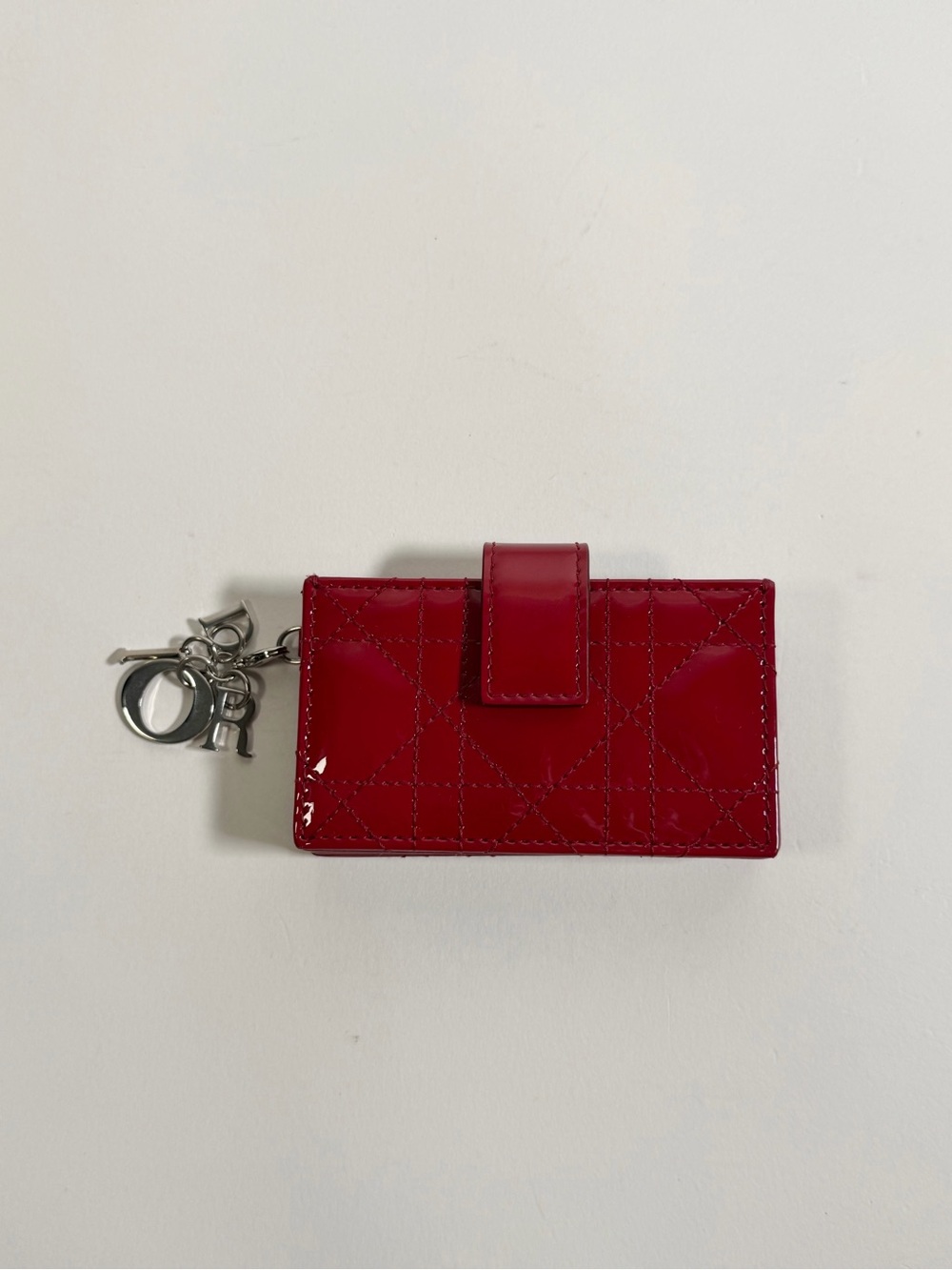 Dior Red Quilted Patent Card & Key Holder with Silver Charm